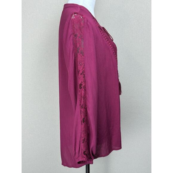 Passports Women’s Top Sz M Baby Doll Peasant Boho Lace Up Tie Neckline - Picture 3 of 14